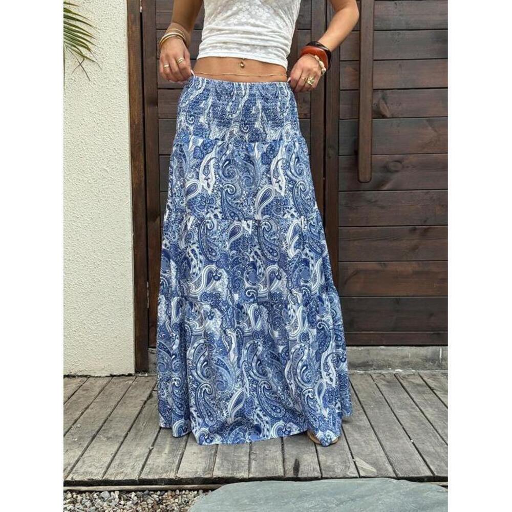 Sunnyshic Bohemian Printed A-Line Long Skirt, Suitable For Spring
